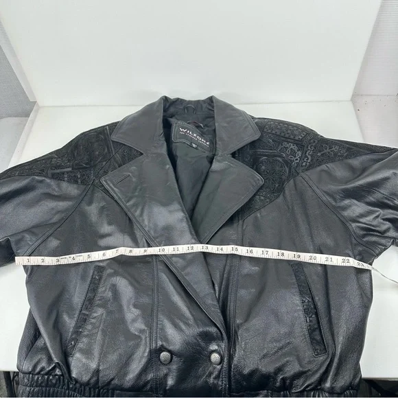 Vintage 80s Wilsons Womens Black Leather Batwing Bomber Jacket Embossed Sz XL - Picture 9 of 10